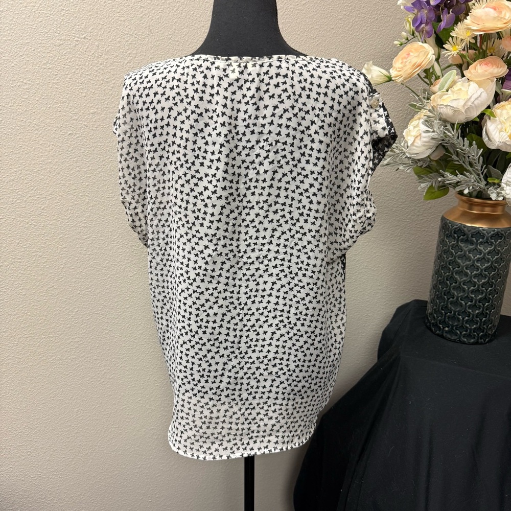 Daniel Rainn Black White Butterfly Print Sheer Blouse Medium | Spring Summer Top - Picture 3 of 8